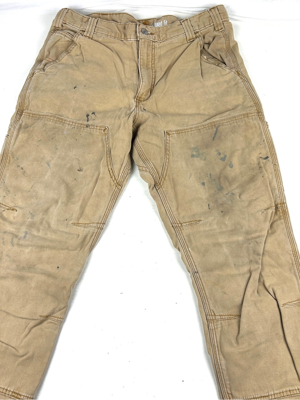 Carhartt Relaxed Fit Sz 33 X 32 faded Double Knee Canvas Work Pants Beige